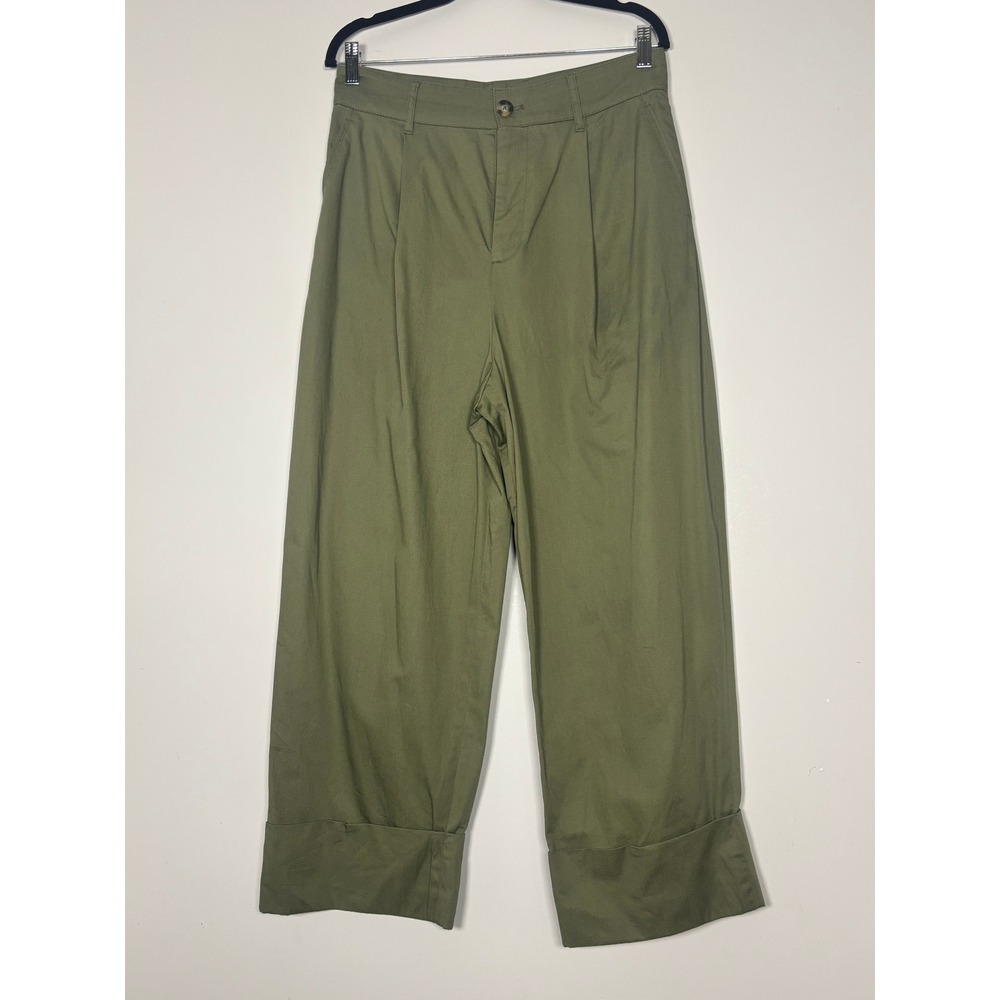 Club Monaco Womens Olive Green Wide Leg Pleated Cuffed Cotton Pants